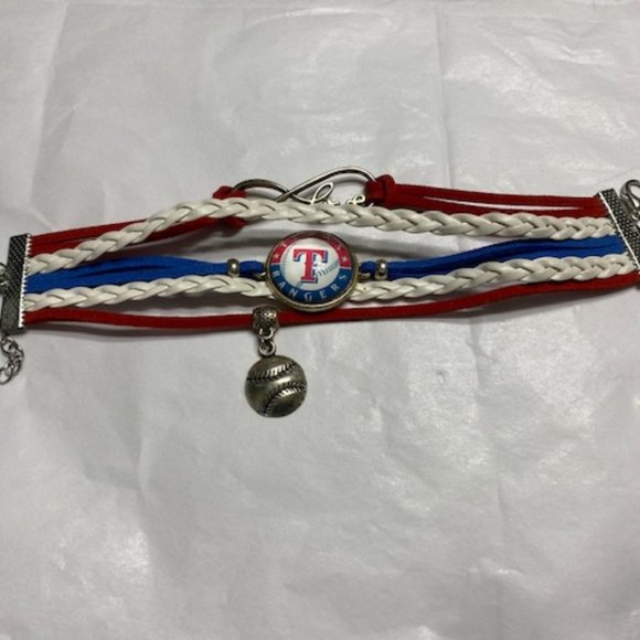 TEXAS RANGERS BRACELET * Red White Blue MULTI-STRAND * pewter BASEBALL & LOVE - Picture 1 of 5
